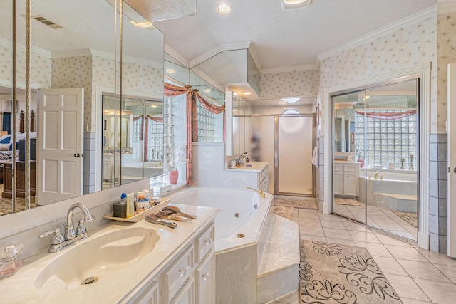 1454 Oday, Pearland, TX 77581 - full bathroom with wallpapered walls, crown molding, vanity, a jetted tub, and a stall shower
