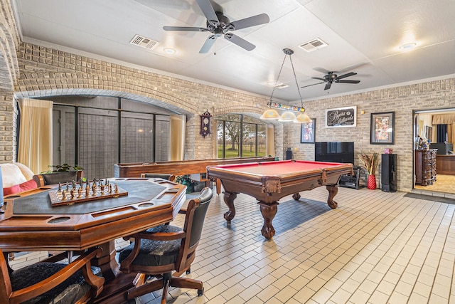 1454 Oday, Pearland, TX 77581 - rec room featuring a ceiling fan, pool table, and brick wall