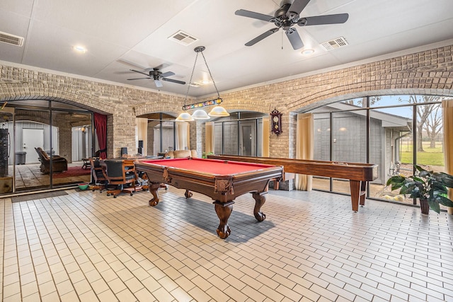 1454 Oday, Pearland, TX 77581 - rec room with a ceiling fan, billiards, arched walkways, recessed lighting, and decorative columns