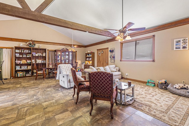 1454 Oday, Pearland, TX 77581 - living room with a ceiling fan, stone finish floors, and ornamental molding