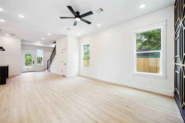 4601 Newberry St A/B, Unit A/B Houston, TX 77051 - unfurnished living room featuring stairs, light wood finished floors, recessed lighting, and a ceiling fan
