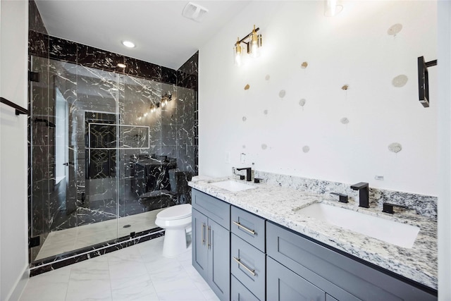 4601 Newberry St A/B, Unit A/B Houston, TX 77051 - bathroom with a marble finish shower, double vanity, and marble look tile flooring
