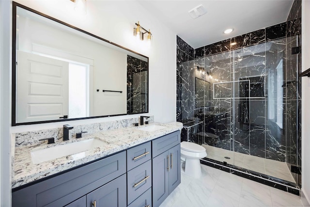 4601 Newberry St A/B, Unit A/B Houston, TX 77051 - bathroom featuring a marble finish shower, double vanity, and marble finish floors