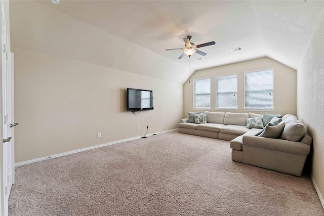 17522 Mineral Bluff Ln, Humble, TX 77346 - carpeted living room with a ceiling fan and lofted ceiling
