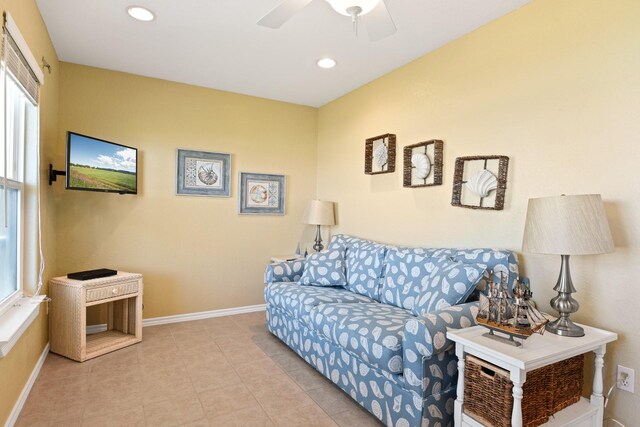 115 Southwind Dr, Surfside Beach, TX 77541 - tiled living room featuring healthy amount of natural light, ceiling fan, and recessed lighting