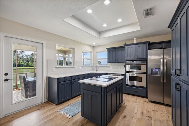 527 Caney Creek Dr, Livingston, TX 77351 - kitchen featuring appliances with stainless steel finishes, light countertops, light wood-style floors, a raised ceiling, and recessed lighting
