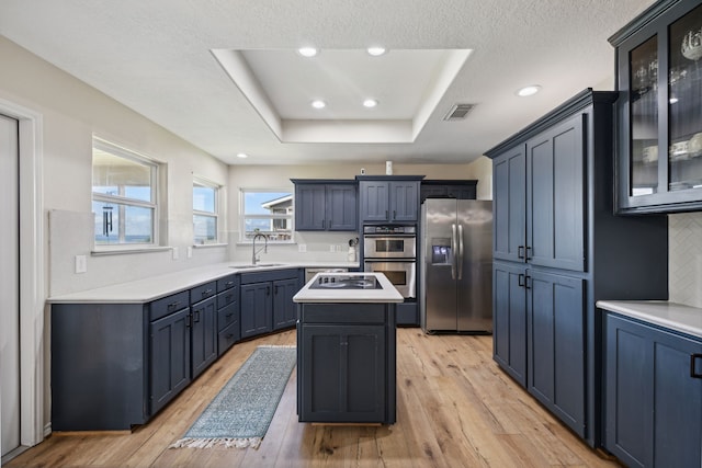 527 Caney Creek Dr, Livingston, TX 77351 - kitchen with appliances with stainless steel finishes, light wood-style floors, glass insert cabinets, a raised ceiling, and recessed lighting
