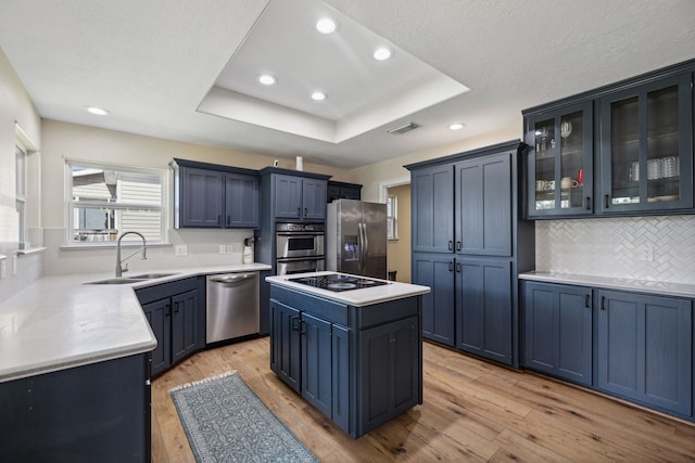 527 Caney Creek Dr, Livingston, TX 77351 - kitchen with appliances with stainless steel finishes, a tray ceiling, blue cabinets, backsplash, and recessed lighting