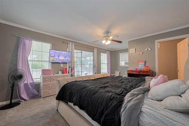 1725 County Road 244e, Brazoria, TX 77422 - bedroom featuring crown molding, light colored carpet, and a ceiling fan