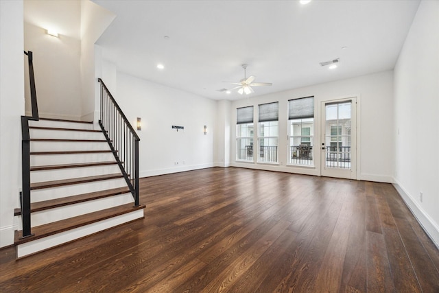 2509 Dorrington Blvd Unit B, Houston, TX 77030 - unfurnished living room with a ceiling fan, wood finished floors, stairway, and recessed lighting