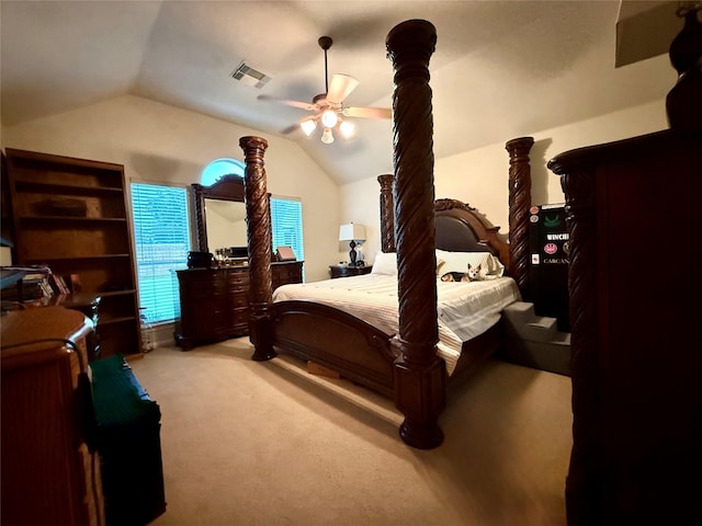 913 S Belle Dr, Angleton, TX 77515 - carpeted bedroom featuring lofted ceiling and ceiling fan