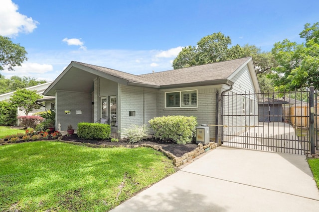 5743 Braesheather Dr, Houston, TX 77096 - ranch-style home with a gate, concrete driveway, brick siding, roof with shingles, and a garage