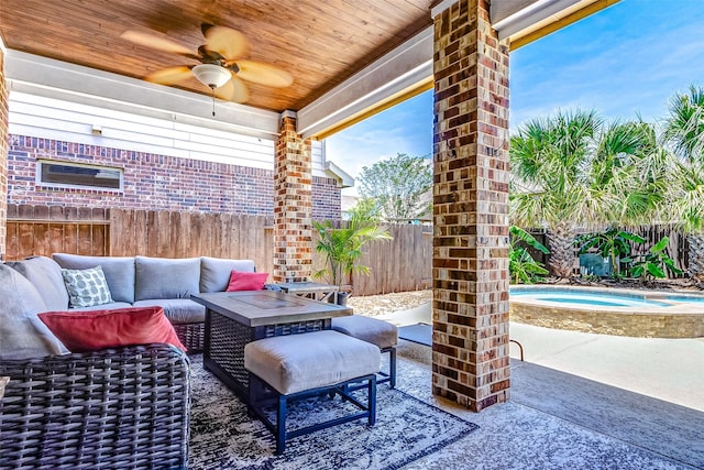20910 Cordell Landing Dr, Richmond, TX 77407 - fenced backyard featuring ceiling fan, a patio, an outdoor living space, and a pool with connected hot tub