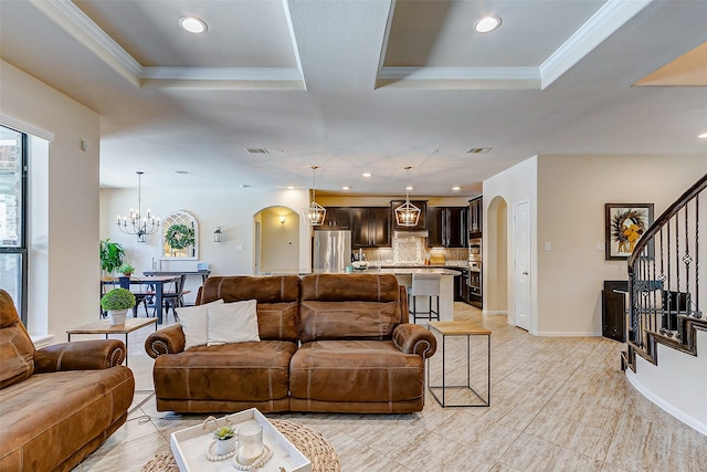 20910 Cordell Landing Dr, Richmond, TX 77407 - living room with arched walkways, healthy amount of natural light, stairway, a chandelier, and recessed lighting