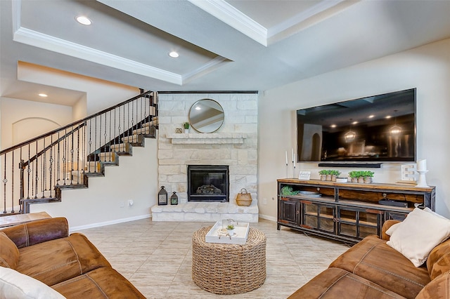20910 Cordell Landing Dr, Richmond, TX 77407 - tiled living room featuring crown molding, a raised ceiling, stairway, a fireplace, and recessed lighting