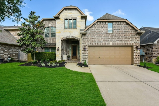 5409 Aroma Knoll Ln, Rosharon, TX 77583 - french country home featuring driveway, a front lawn, a garage, and brick siding