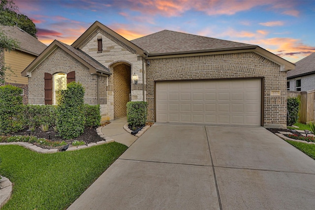 222 Speckled Woods Pl, Conroe, TX 77318 - french country home featuring brick siding, concrete driveway, a garage, and roof with shingles