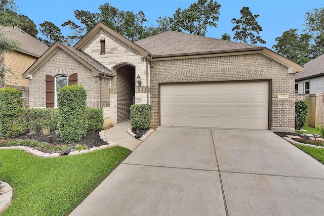 222 Speckled Woods Pl, Conroe, TX 77318 - french country inspired facade featuring brick siding, concrete driveway, a shingled roof, and an attached garage