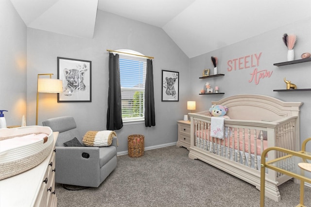 222 Speckled Woods Pl, Conroe, TX 77318 - carpeted bedroom with a crib and vaulted ceiling