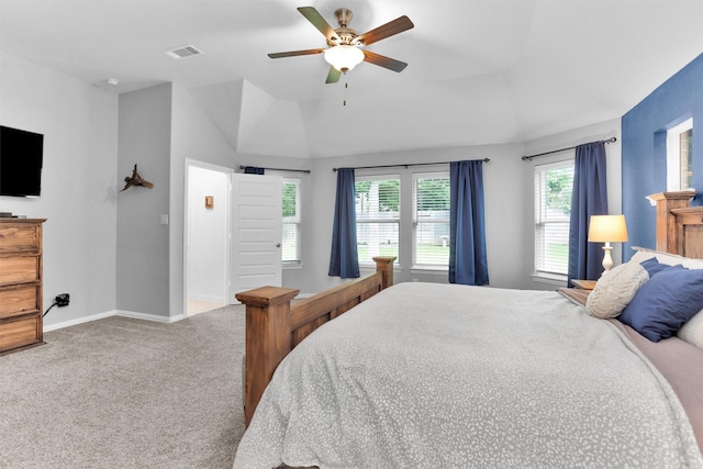 222 Speckled Woods Pl, Conroe, TX 77318 - bedroom featuring vaulted ceiling, carpet, and ceiling fan