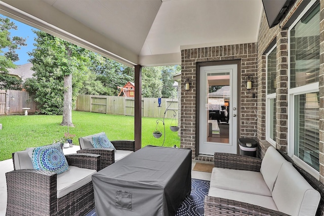 222 Speckled Woods Pl, Conroe, TX 77318 - fenced backyard featuring an outdoor living space and a patio