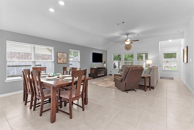 222 Speckled Woods Pl, Conroe, TX 77318 - dining space with healthy amount of natural light, vaulted ceiling, a ceiling fan, light tile patterned flooring, and recessed lighting