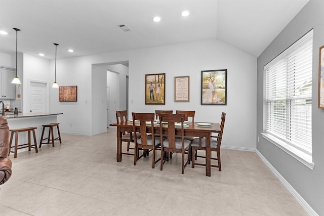 222 Speckled Woods Pl, Conroe, TX 77318 - dining space featuring recessed lighting, lofted ceiling, and light tile patterned floors