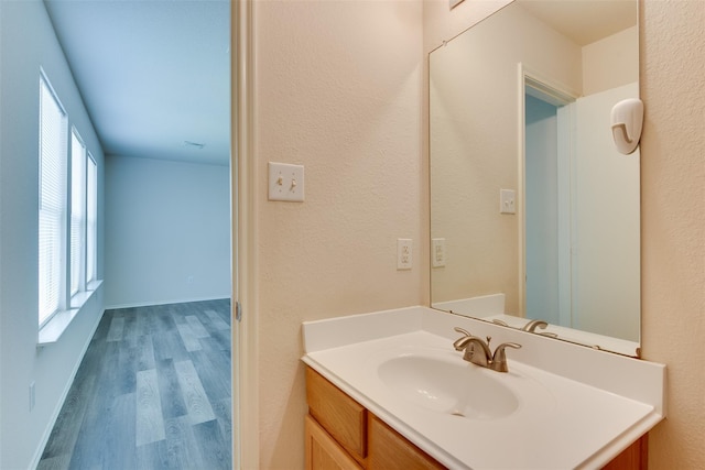2614 Skyview Shadows Ct, Houston, TX 77047 - bathroom with vanity, wood finished floors, and healthy amount of natural light