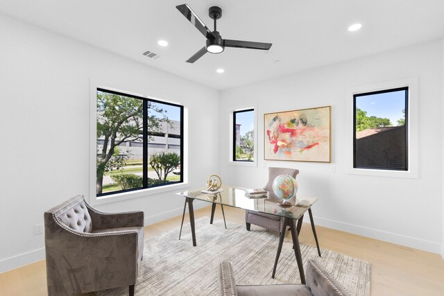 5115 Maple St, Houston, TX 77401 - home office with ceiling fan, plenty of natural light, recessed lighting, and light wood-type flooring