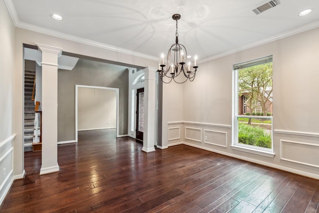 4022 Bountiful Crest Ln, Sugar Land, TX 77479 - empty room featuring hardwood / wood-style floors, stairway, decorative columns, recessed lighting, and a chandelier
