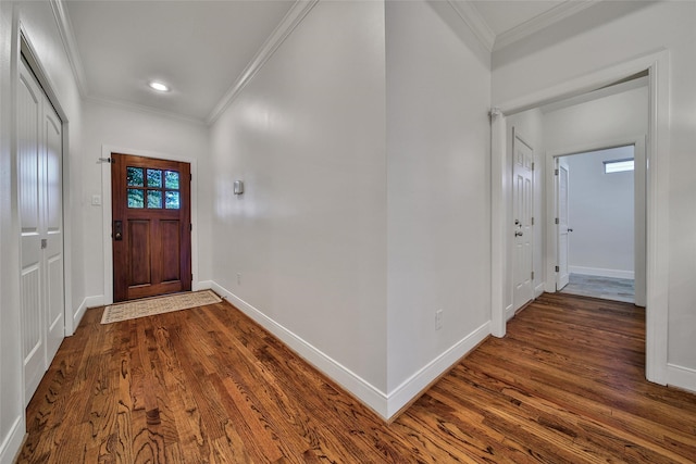 1822 Gardenia Dr, Houston, TX 77018 - entryway with ornamental molding, dark wood finished floors, and recessed lighting