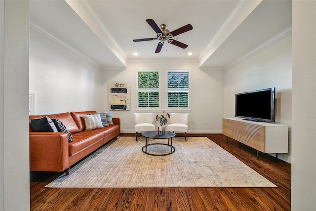 1822 Gardenia Dr, Houston, TX 77018 - living room with a ceiling fan, ornamental molding, wood finished floors, and recessed lighting