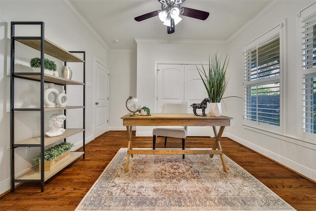 1822 Gardenia Dr, Houston, TX 77018 - office area with ornamental molding, dark wood-style floors, and a ceiling fan