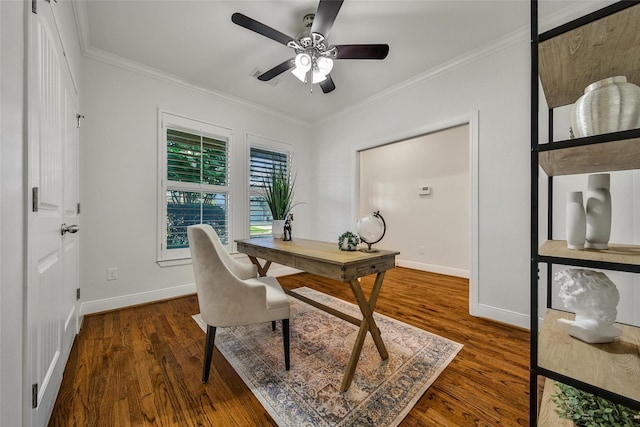 1822 Gardenia Dr, Houston, TX 77018 - home office with crown molding, a ceiling fan, and wood finished floors