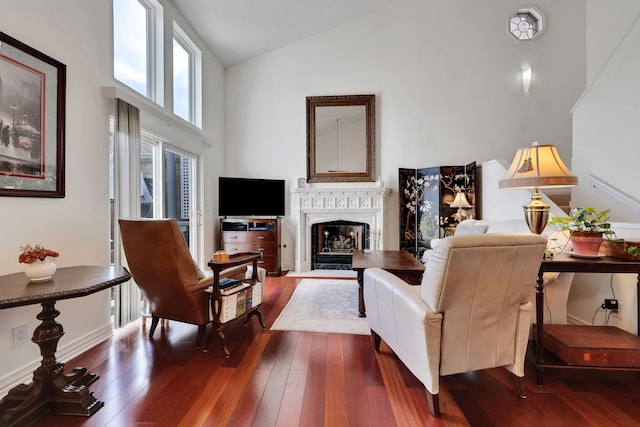 10918 Francoise Blvd, Houston, TX 77042 - living area with high vaulted ceiling, a glass covered fireplace, and dark wood-style floors