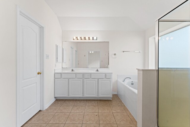 1627 Pebble Brk, Missouri City, TX 77459 - bathroom featuring a garden tub, double vanity, tile patterned floors, and a shower with shower door