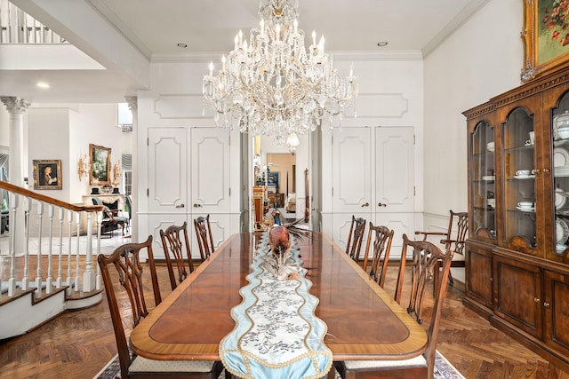 903 Rocky River Rd, Houston, TX 77056 - dining space with ornamental molding, a chandelier, and recessed lighting