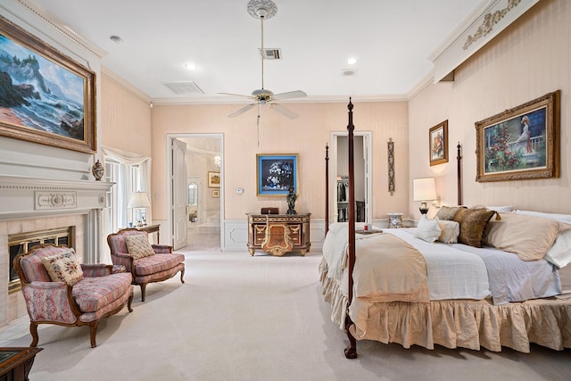 903 Rocky River Rd, Houston, TX 77056 - carpeted bedroom featuring crown molding, a fireplace, recessed lighting, ensuite bathroom, and a wainscoted wall