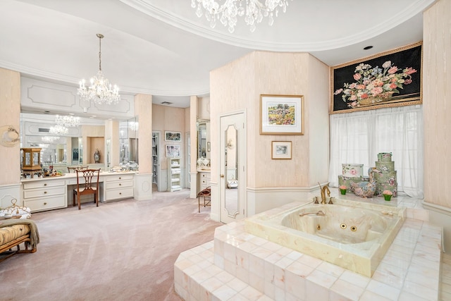 903 Rocky River Rd, Houston, TX 77056 - bathroom featuring a chandelier, vanity, a jetted tub, and ornamental molding