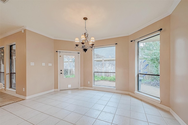 3110 Meadow Oak Dr, Houston, TX 77068 - empty room with crown molding, light tile patterned flooring, and a chandelier