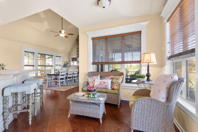 34210 Sanders Ranch Rd, Magnolia, TX 77355 - living area with a ceiling fan, wood finished floors, and high vaulted ceiling