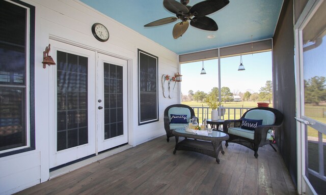 34210 Sanders Ranch Rd, Magnolia, TX 77355 - sunroom / solarium with french doors, wood finished floors, and a ceiling fan