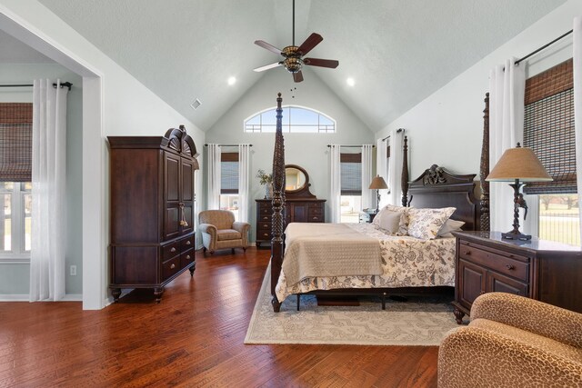 34210 Sanders Ranch Rd, Magnolia, TX 77355 - bedroom with dark wood-style floors, recessed lighting, a ceiling fan, and high vaulted ceiling