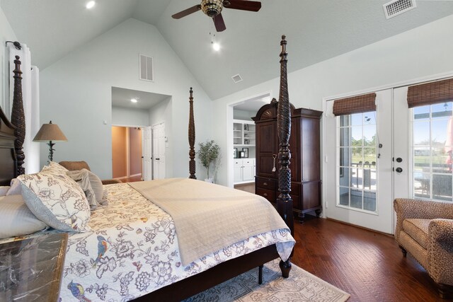 34210 Sanders Ranch Rd, Magnolia, TX 77355 - bedroom featuring access to exterior, wood finished floors, high vaulted ceiling, a ceiling fan, and recessed lighting