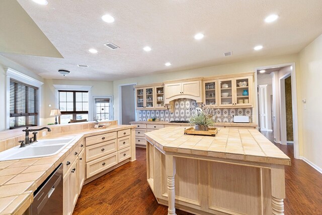 34210 Sanders Ranch Rd, Magnolia, TX 77355 - kitchen featuring tile counters, a center island, dishwashing machine, dark wood finished floors, and backsplash