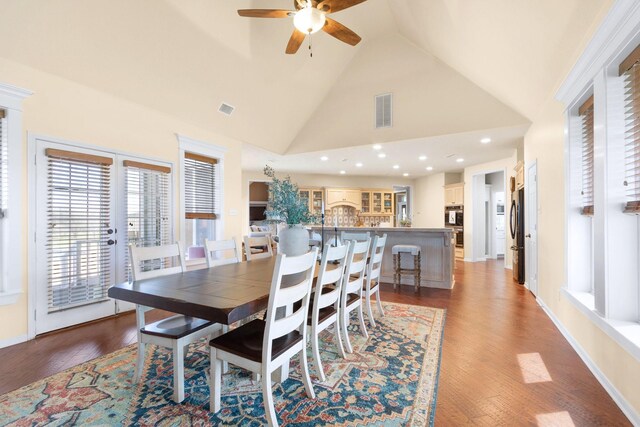 34210 Sanders Ranch Rd, Magnolia, TX 77355 - dining room featuring a ceiling fan, wood finished floors, high vaulted ceiling, and recessed lighting