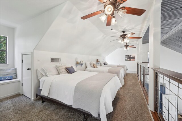 243 Riverbirch, Brookeland, TX 75931 - carpeted bedroom with vaulted ceiling and ceiling fan