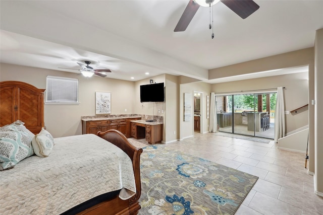 243 Riverbirch, Brookeland, TX 75931 - bedroom with light tile patterned flooring, access to outside, ensuite bath, ceiling fan, and recessed lighting