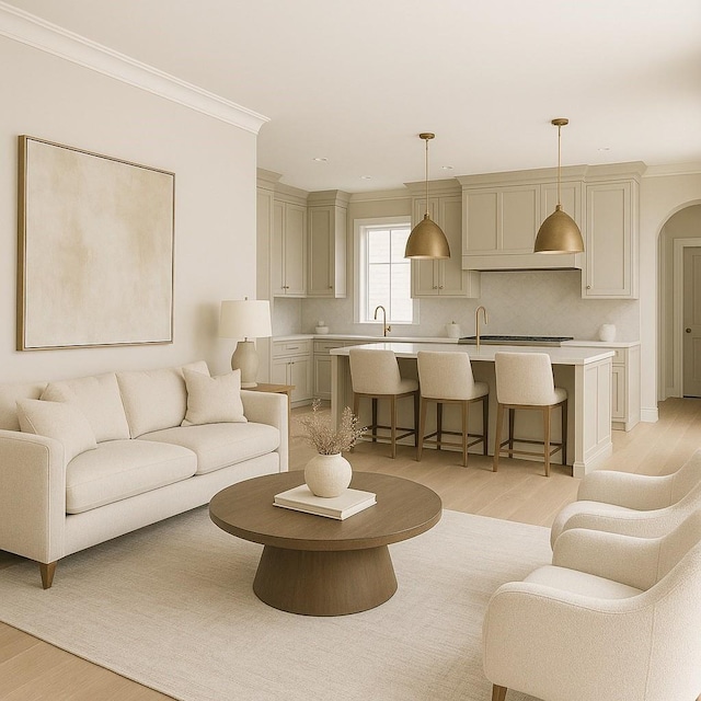 206 Milwaukee St, Houston, TX 77009 - living area featuring light wood finished floors, crown molding, and recessed lighting