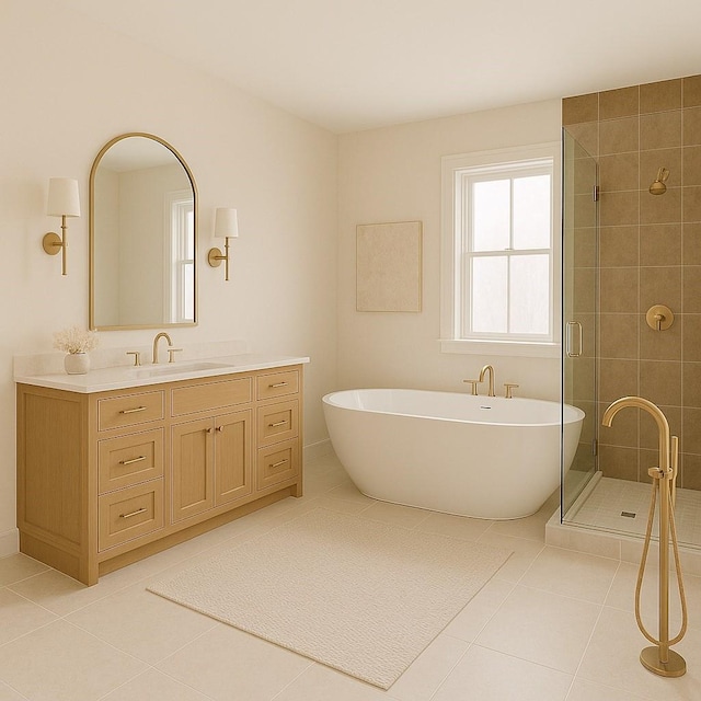 206 Milwaukee St, Houston, TX 77009 - full bath with tile patterned floors, a soaking tub, vanity, and a stall shower